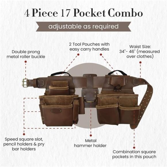 4 Piece and 17 Pockets Pro Framer’s Combo, Tool Belt with 2 Tool Pouches - Picture 3 of 7